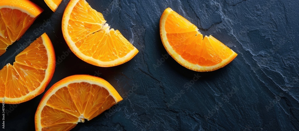 Poster orange wedges arranged neatly on a dark table with ample copy space image.