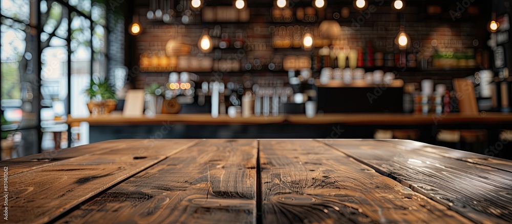 Aufkleber utilize the wooden table in a coffee shop with a blurred background as a copy space image for displa