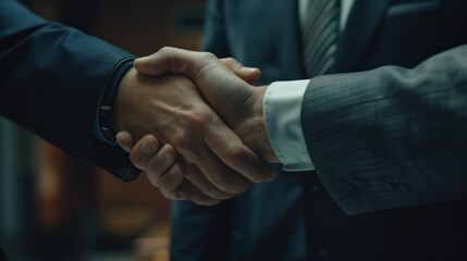 Fototapeta premium Close-up of business handshake between two professionals in suits, symbolizing agreement, partnership, and collaboration in office setting.