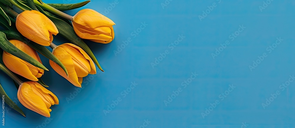 Sticker A yellow tulip bouquet set on a blue backdrop with copy space image.