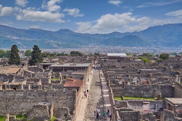Panoramic view of Pompei, ancient Roman colony buried under the ashes of mount Vesuvius, Italy	