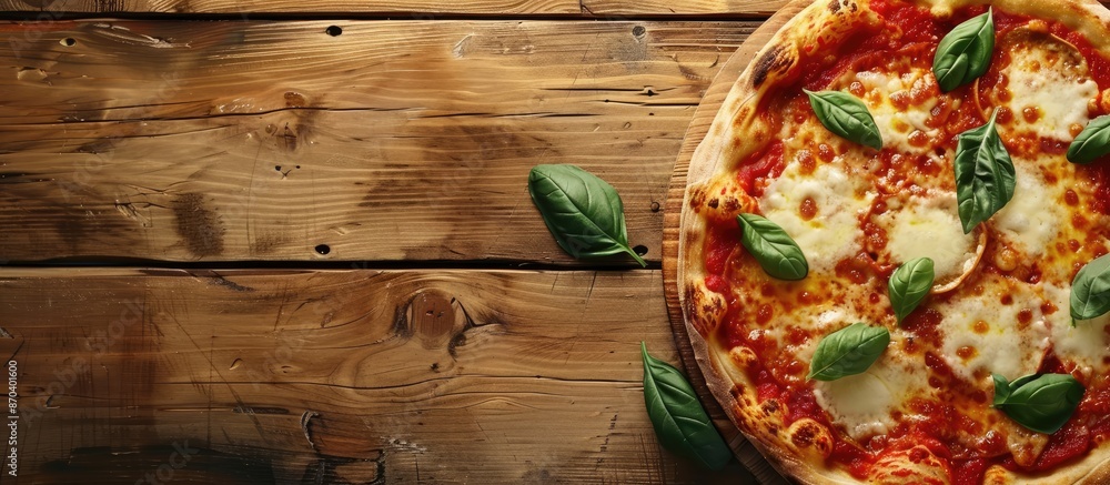 Aufkleber top-down view of pizza margherita on a wooden surface with room for text or graphics in the image. c