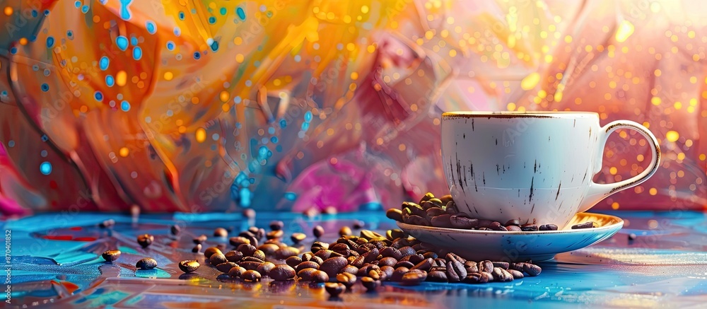 Poster artistic arrangement featuring a cup and coffee beans on a colorful backdrop with copy space image a
