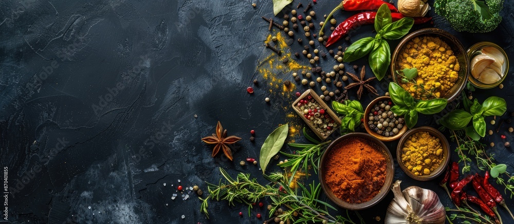 Poster assortment of spices, herbs, and veggies for cooking on a black slate table background. top-down vie