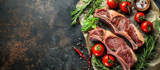 Raw dry aged t-bone steaks with fresh herbs and vegetables, ideal for the grill with copy space image.