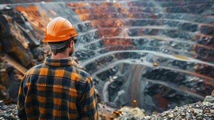 Fototapeta premium Worker in a helmet and quarry in background