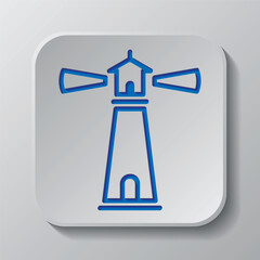 Lighthouse simple icon. Flat design. Paper cut design. Cutted blue symbol with shadow. Gray badge button, gray background