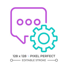 Message settings two color line icon. Messenger configurations. Personalize interaction. Chat bubble and gear bicolor outline symbol. Duotone linear pictogram. Isolated illustration. Editable stroke