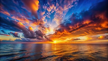 Stunning sunset over the ocean with dramatic clouds in the sky, sunset, ocean, water, sky, clouds, colors, evening
