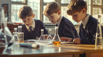 Fototapeta premium Three students in school uniforms at a chemistry lesson. They are sitting at a table in the school laboratory. They are looking at a book and seem to be studying something