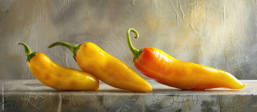 Poster three vibrant yellow cayenne peppers displayed on a textured backdrop with ample copy space image.