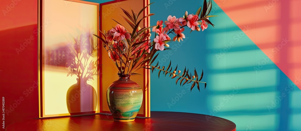 Poster decorative folding screen and vase with flowers displayed on a table against a colorful wall in a ro
