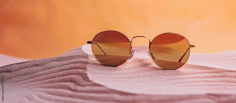 Poster circular bronze sunglasses displayed on a simplistic abstract backdrop, representing men's summer st