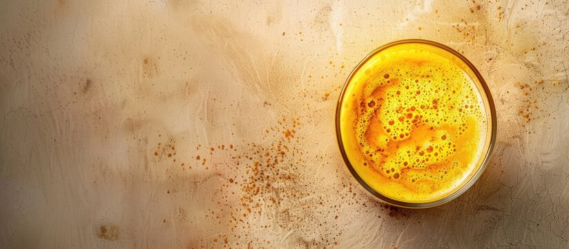 Golden yellow turmeric latte in a glass on a light background with copy space image. Welcome the warm tones of this Indian drink, turmeric golden milk.