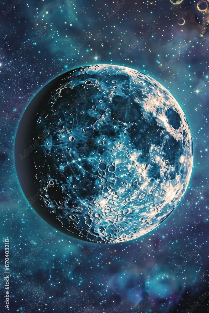 Poster a blue moon is floating in space with a starry background. concept of wonder and awe at the vastness
