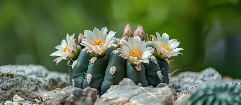 Cactus succulent plant Gymnocalycium friedrichii LB 2178 or Gymnocalycium mihanovichii LB2178 in a garden with a green backdrop, offering a copy space image, with focus on the plant.