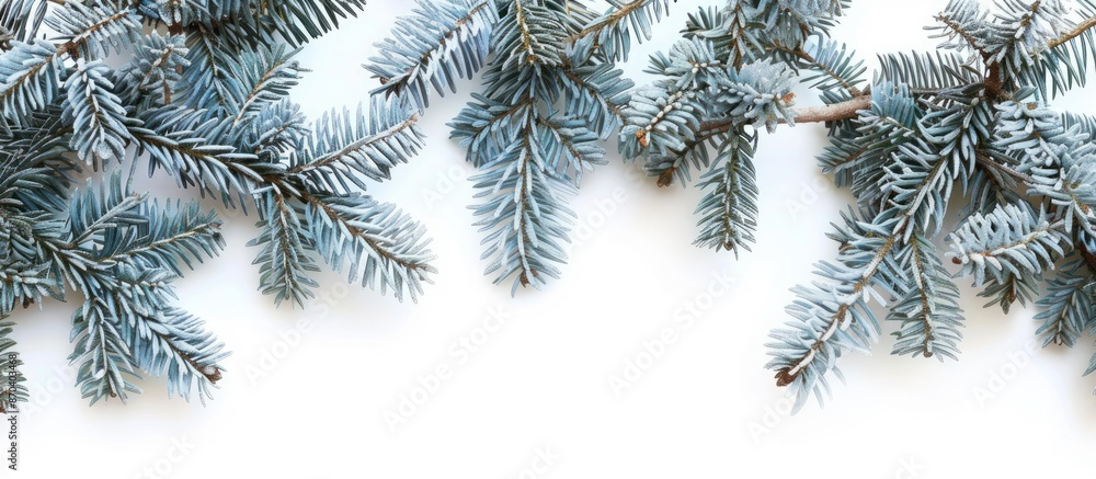 Poster top view of fir tree branches in blue and tidewater colors on a white background with copy space ima