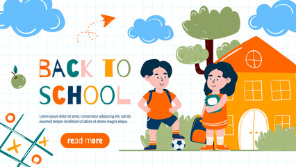 Back To School Illustration Featuring Boy and Girl Students Near School Building