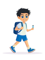 A smiling boy goes to school with a backpack and a pencil.