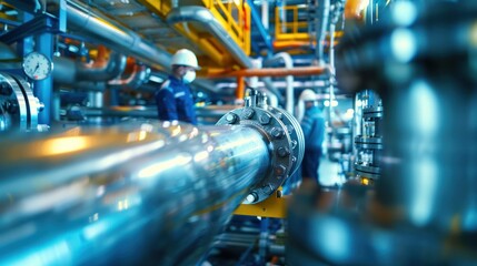 Industrial factory pipeline with engineers. Metal pipes and valves in a modern industrial facility for production and energy management.