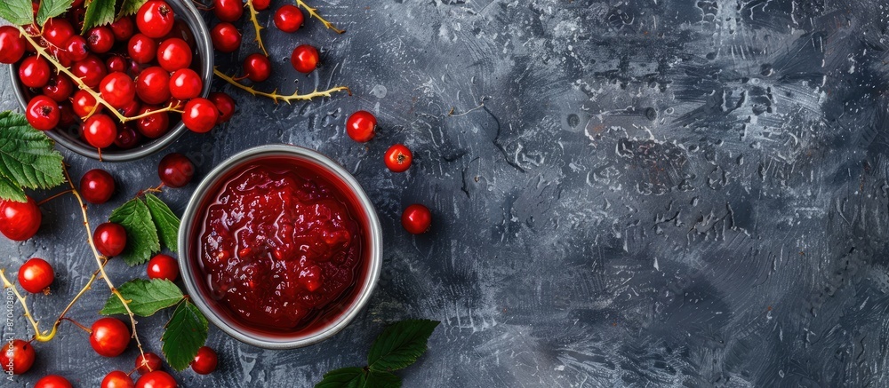 Poster flat lay arrangement featuring enticing rowan jam and berries on a gray table with copy space image 