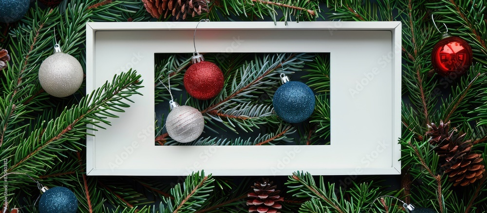Poster christmas decorations arranged on pine tree branches in a flat lay style, featuring an empty white f