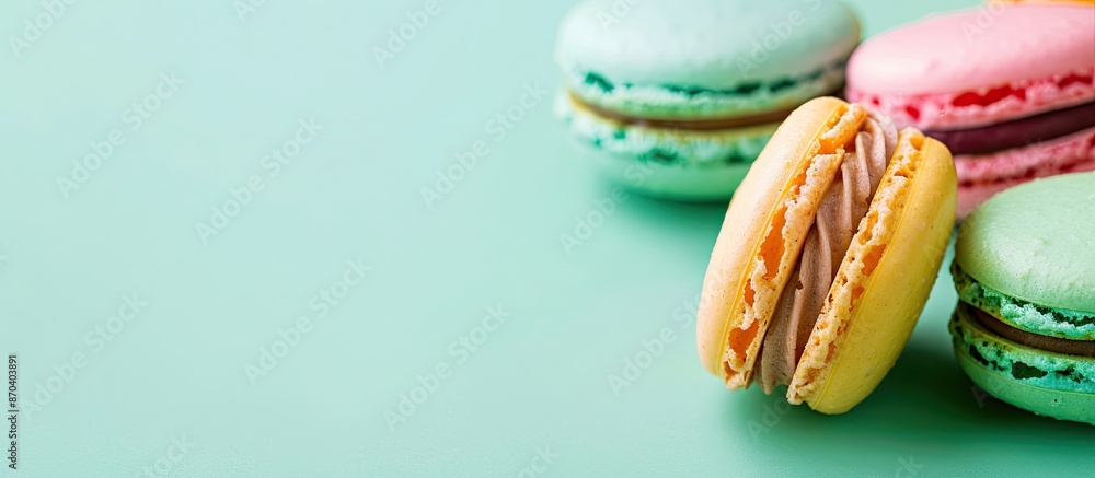 Poster close-up of colorful macaron or macaroon, a sweet meringue-based treat on a green background, with s
