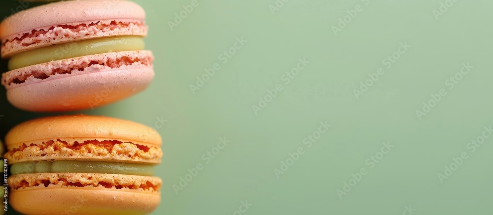 Aufkleber close-up of colorful macaron or macaroon, a sweet meringue-based treat on a green background, with s