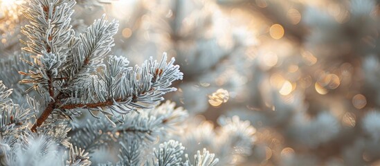 Luxurious Nigra Pine branch with frosted, long needles in a winter garden setting. Blurred background with selective focus for a nature-inspired copy space image.