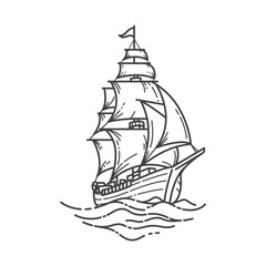 Line art of sailing ship at sea