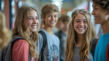 High school students joyfully reuniting with friends in the  hallway.