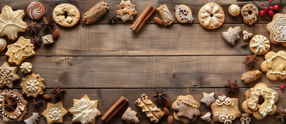 Poster delicious christmas homemade cookies arranged in a frame on a wooden background with space for text 