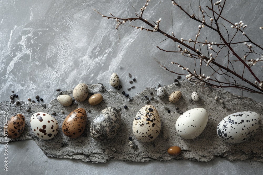 Aufkleber a row of eggs with a branch in the background. the eggs are of different sizes and colors, and the b