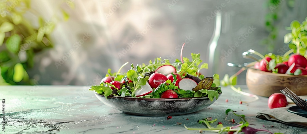 Poster fresh vegetarian salad with radish on a table with a copy space image.