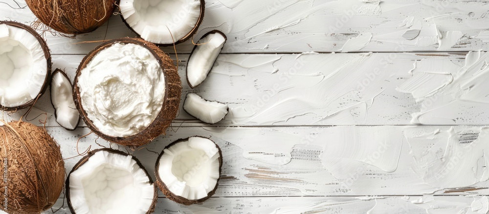 Poster top-down view of homemade coconut cream on a white wooden surface with space for text or images. cop