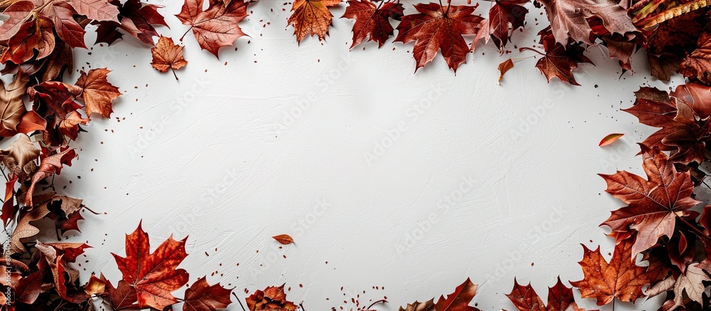Poster an autumn-themed arrangement with dry leaves forming a frame on a white surface, suitable for top-do