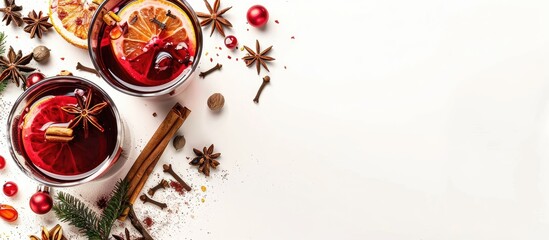 High-resolution copy space image of Christmas mulled wine with spices on a white background.