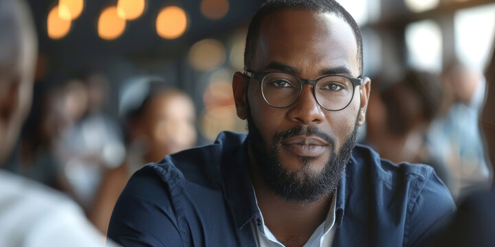 Confident african American male boss work cooperate with diverse team at office briefing, focused biracial businessman head meeting, collaborate discuss business ideas with colleagues at meeting