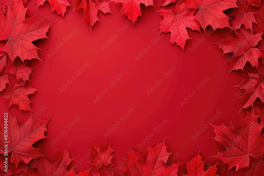 Aufkleber a red background with a frame of red leaves. the leaves are arranged in a circle and are overlapping