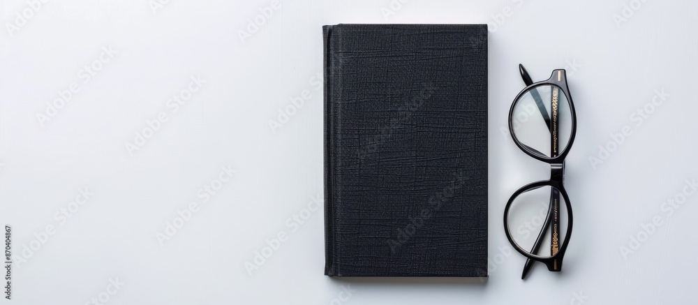 Aufkleber a pair of glasses and a black notebook on a white backdrop with available copy space image.