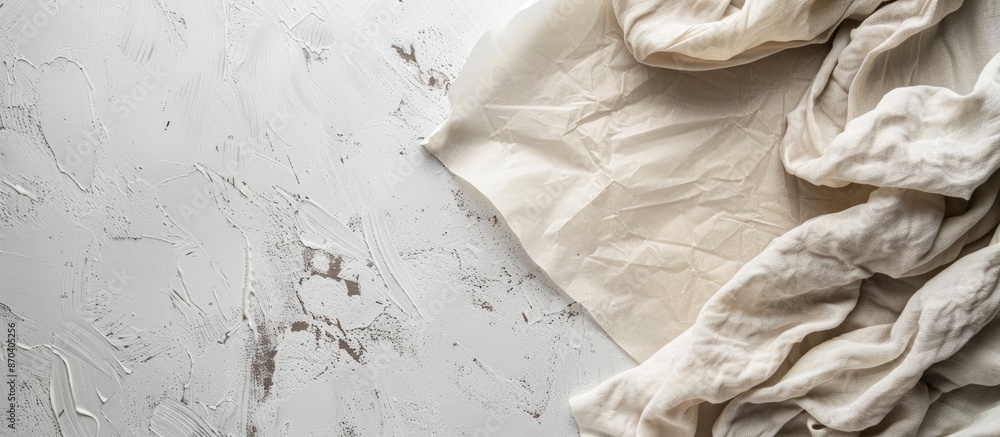 Poster flat lay view of an empty baking parchment on a table background with a folded cloth perfect for a m
