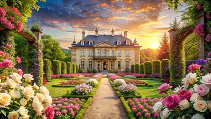 Naklejka premium Luxurious palace surrounded by blooming flowers, palace, luxurious, floral, flowers, garden, architecture, spring, beauty