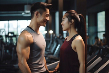 Fototapeta premium Couple smiling at each other in gym setting.