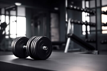 Fototapeta premium Single dumbbell on gym floor in sunlight...