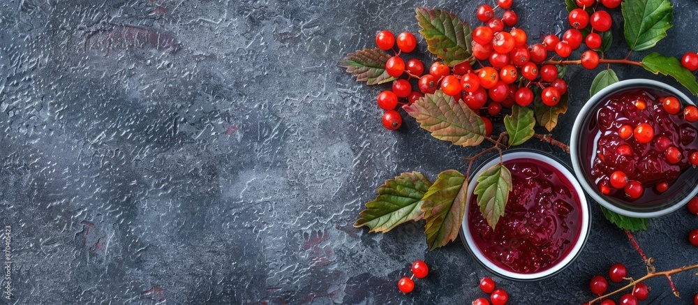 Poster flat lay arrangement featuring enticing rowan jam and berries on a gray table with copy space image 