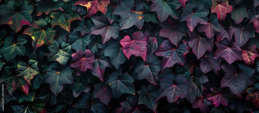 Poster close-up texture background of dark ivy leaves with a mix of green, violet, and red autumn leaves, c