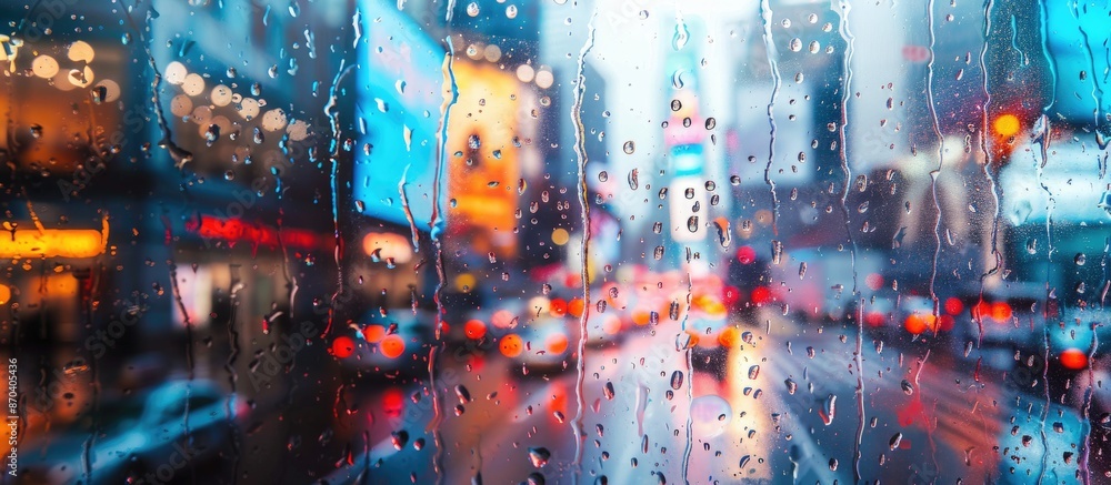 Poster raindrops on window glass with a hashtag, set against the urban backdrop, creating a striking copy s