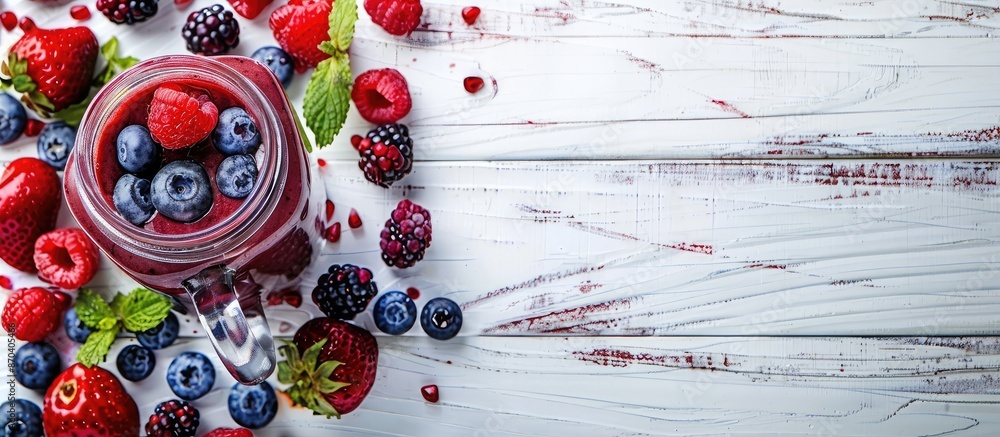 Poster a mason jar containing a berry smoothie, fresh ingredients, placed on a white wooden table, with spa