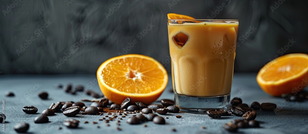 Poster a delicious and invigorating beverage made with coffee and orange juice placed on a grey table with 