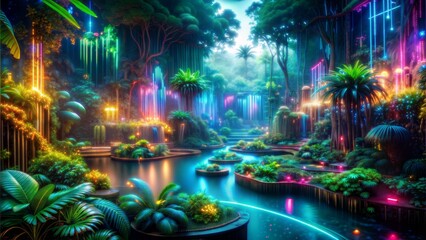 A neon-lit jungle with glowing flora and fauna, where the trees are circuit boards and the rivers flow with liquid light